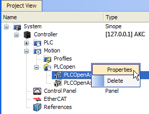 PLCopen Axis Context Menu